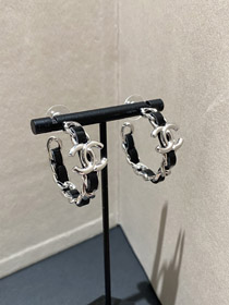 Chanel srebrne skórzane kolczyki obręcz-3596  