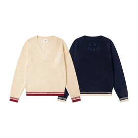 AMIPARIS Dzianinowy Paskowy V-Neck Drop-Shoulder Sweter wełny-5156  