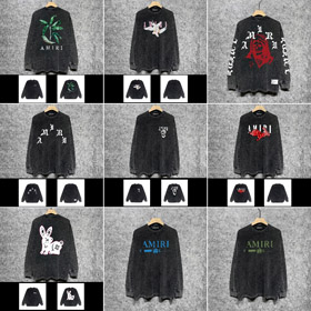 AMIRI umywał ucierpiony druk Casual T-shirt z długim rękawem-5520  