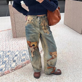 Acne Studios 1981 Teddy Bear 3D druk szerokonogowe dżinsy-5928  